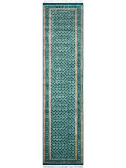 Hand Knotted Wool Runner Rug 2.5x10 Ft Turquoise Two Tone Lichi Design