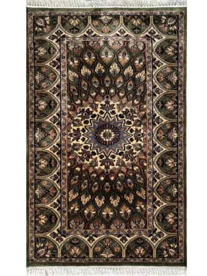 Hand Knotted Wool Runner Rug 2.5x4 Ft Green Traditional Gumbad Design