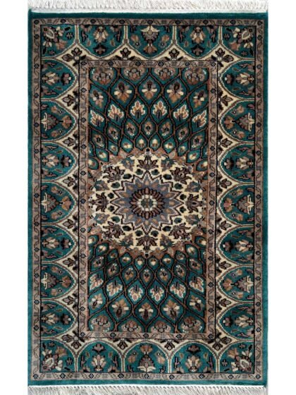 Hand Knotted Wool Runner Rug 2.5x4 Ft Turquoise Traditional Gumbad Design
