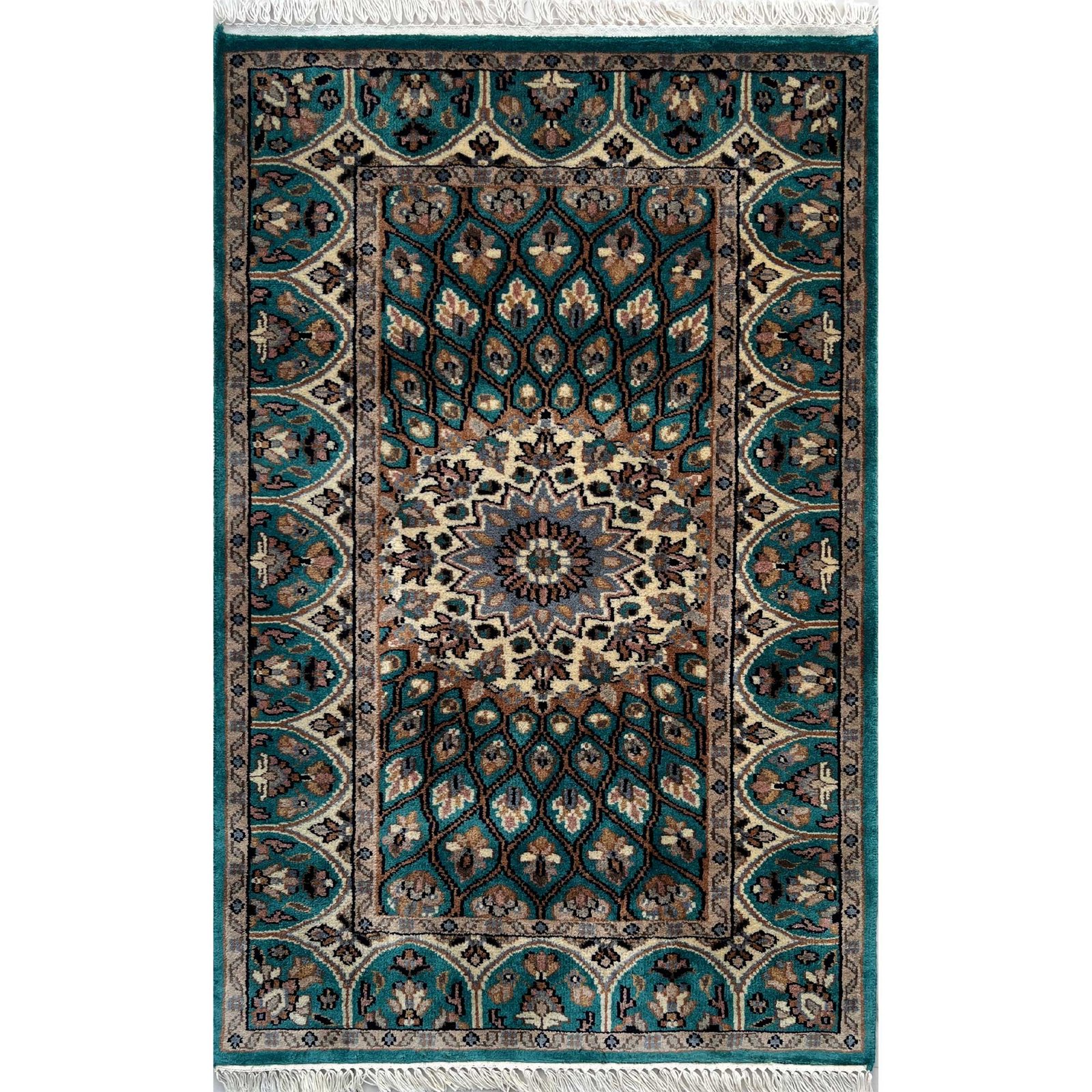 Hand Knotted Wool Runner Rug 2.5x4 Ft Turquoise Traditional Gumbad Design