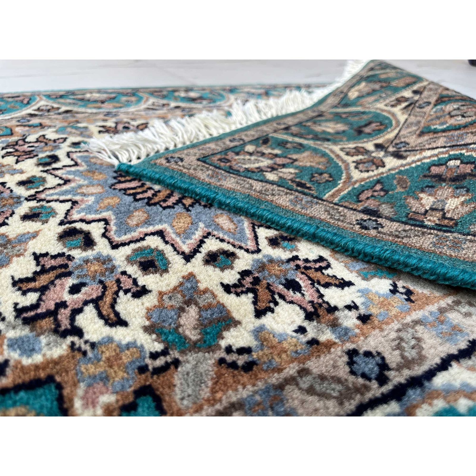Hand Knotted Wool Runner Rug 2.5x4 Ft Turquoise Traditional Gumbad Design - Image 6