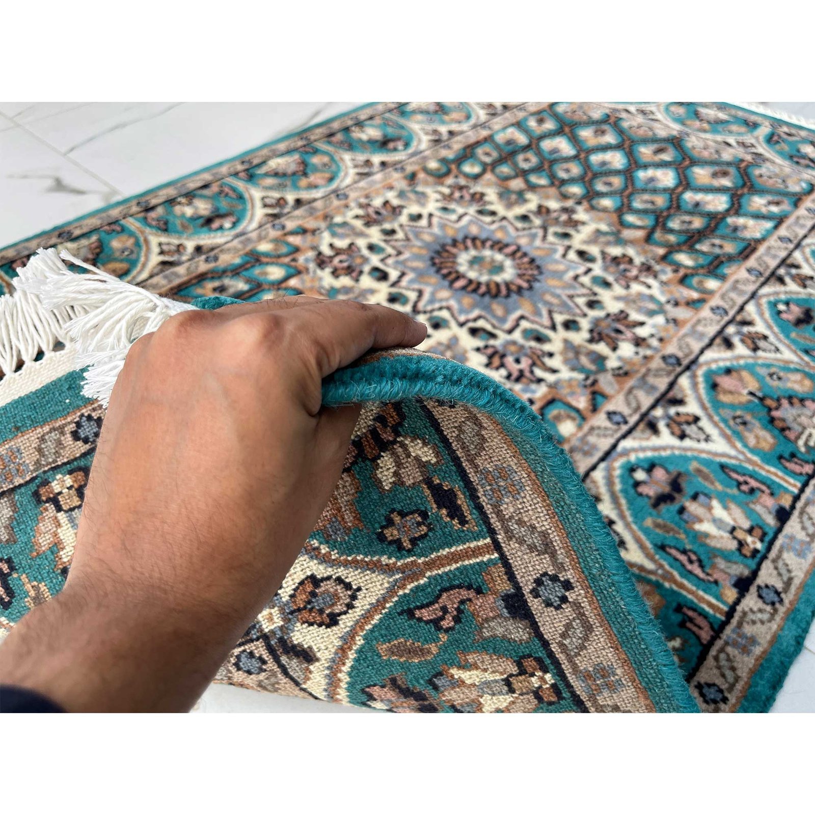 Hand Knotted Wool Runner Rug 2.5x4 Ft Turquoise Traditional Gumbad Design - Image 5