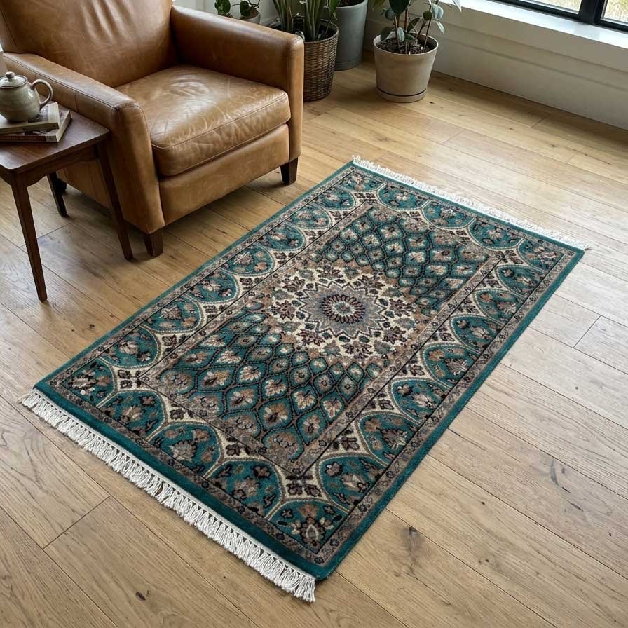 Hand Knotted Wool Runner Rug 2.5x4 Ft Turquoise Traditional Gumbad Design - Image 2