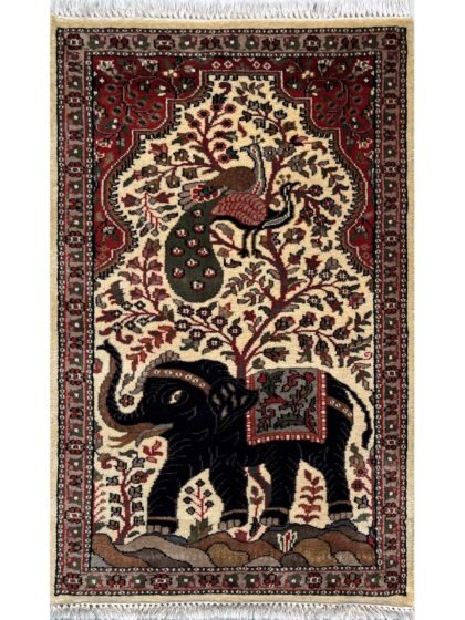 Hand Knotted Wool Runner Rug 2.5x4 Ft White Decorative Elephant Peacock Design