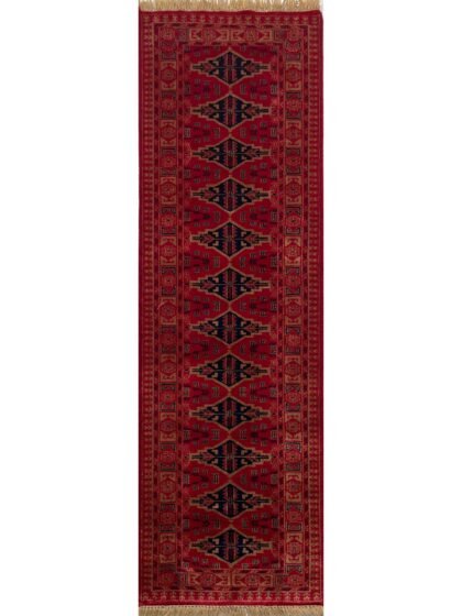 Hand Knotted Wool Runner Rug 2.5x8 Ft Red Geometric Design