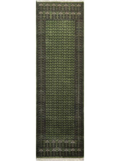 Hand Knotted Wool Runner Rug 2.5x8 Ft Green Traditional Parda Design