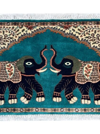 Handmade 3x2ft Jaipuri Elephant Turquoise Wool Rug – Hand Knotted Traditional Accent Carpet