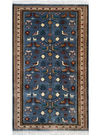 Hand Knotted Wool Area Rug 3x5 Ft Bluish Gray Traditional Pigeon in Garden Design
