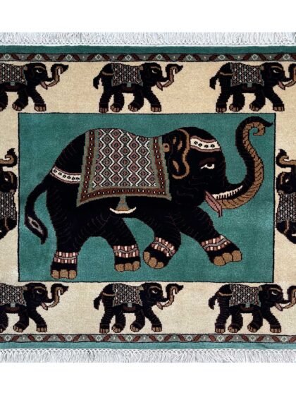 Handmade 4x3ft Jaipuri Elephant Pista Wool Rug – Hand Knotted Traditional Wool Area Rug