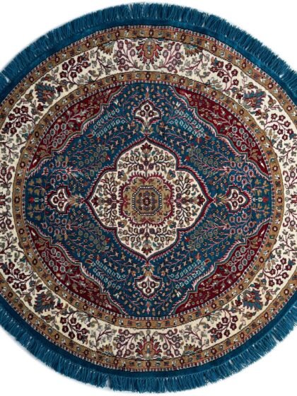 Handmade 6x6ft Blue Wool Rug – Hand Knotted Oriental Round Area Rug for Living Room