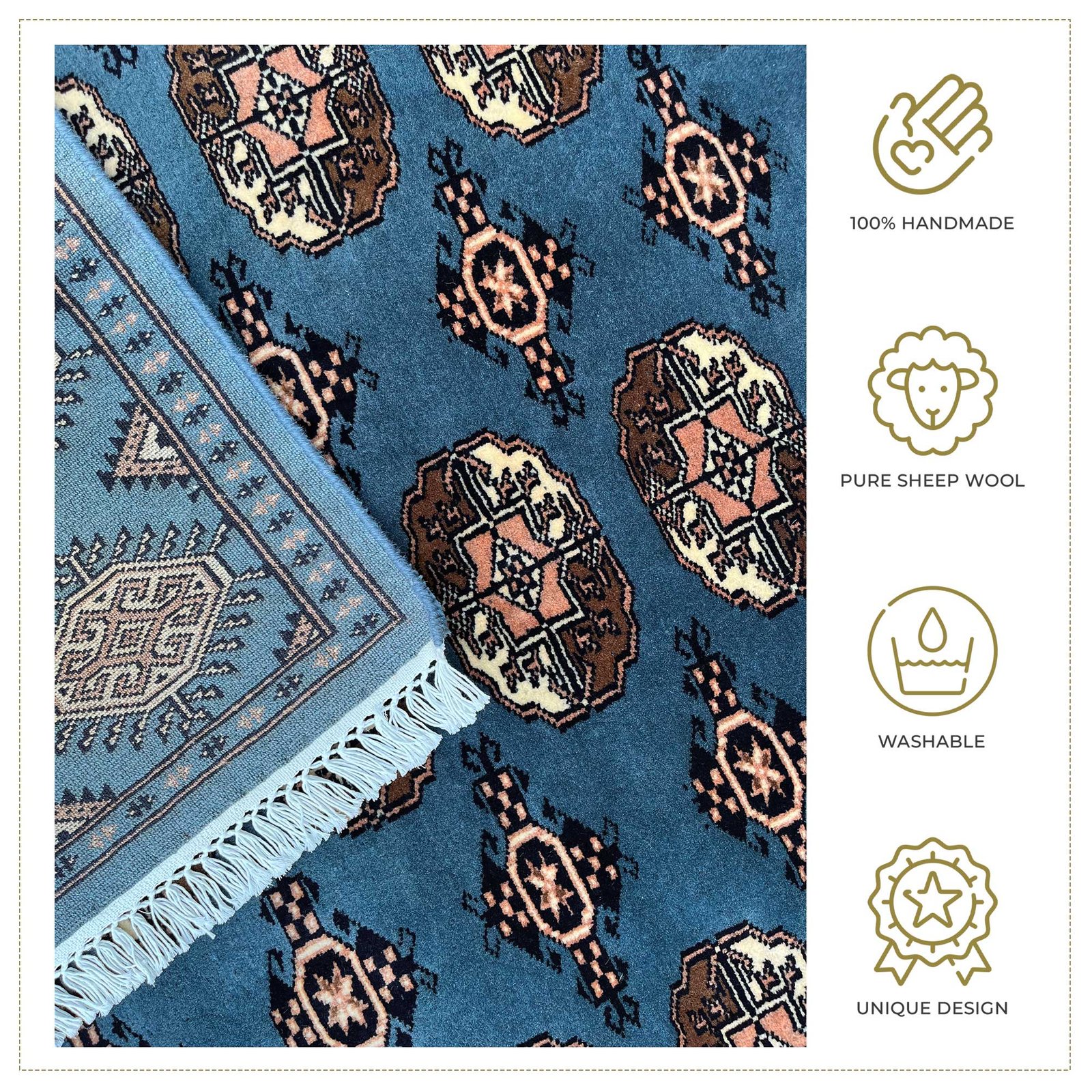 Handmade 6x9ft Bokara Bluish Gray Wool Rug – Hand Knotted Traditional Area Carpet - Image 6
