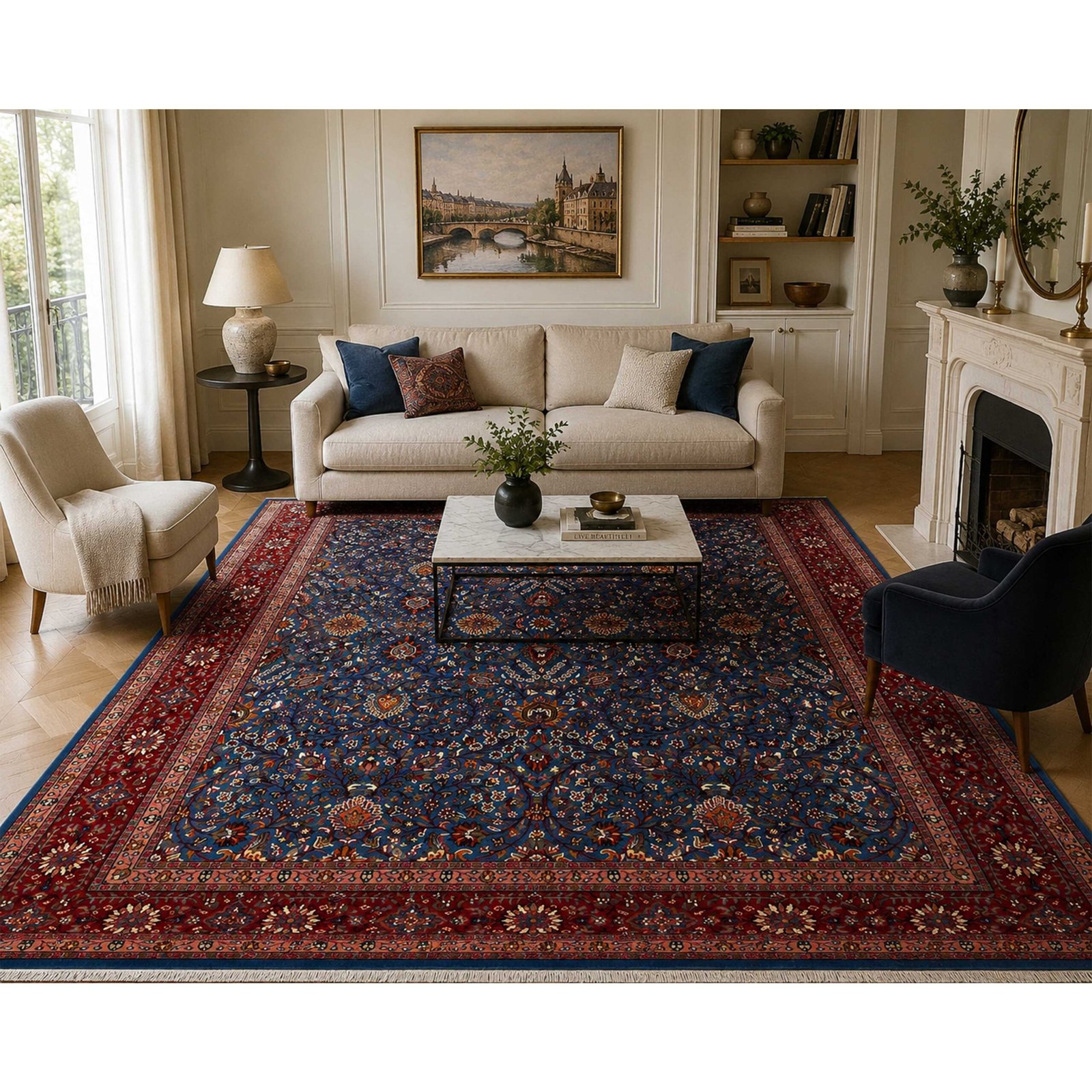 Hand Knotted Wool Area Rug 9x12 Ft Blue Traditional Design - Image 2