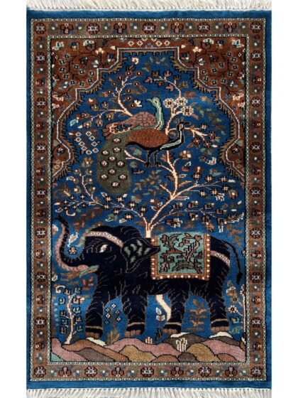 2.5 x 4 ft Blue Elephant Peacock Hand-Knotted Wool Rug Handmade