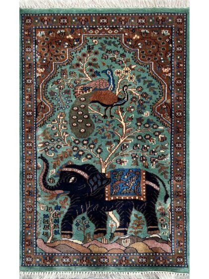 2.5 x 4 ft Pista Elephant Peacock Hand-Knotted Wool Rug Handmade