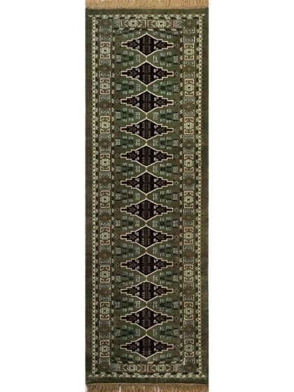 2.5 x 8 ft Green Tribal Hand-Knotted Wool Runner Rug Handmade Carpet